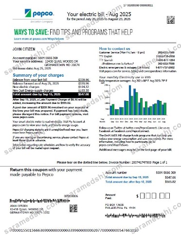 USA Pepco utility bill template in Word and PDF formats, version 2
